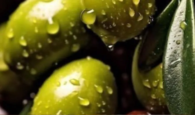 Green olives covered in drops of water